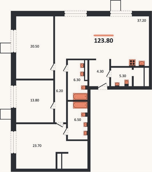 Планировка: 3-к, 123,8 м²