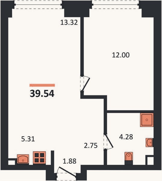 Планировка: 1-к, 39,5 м²