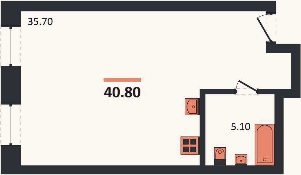 Планировка: Студия, 40,8 м²