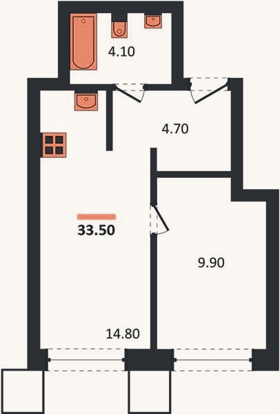 Планировка: 1-к, 33,5 м²