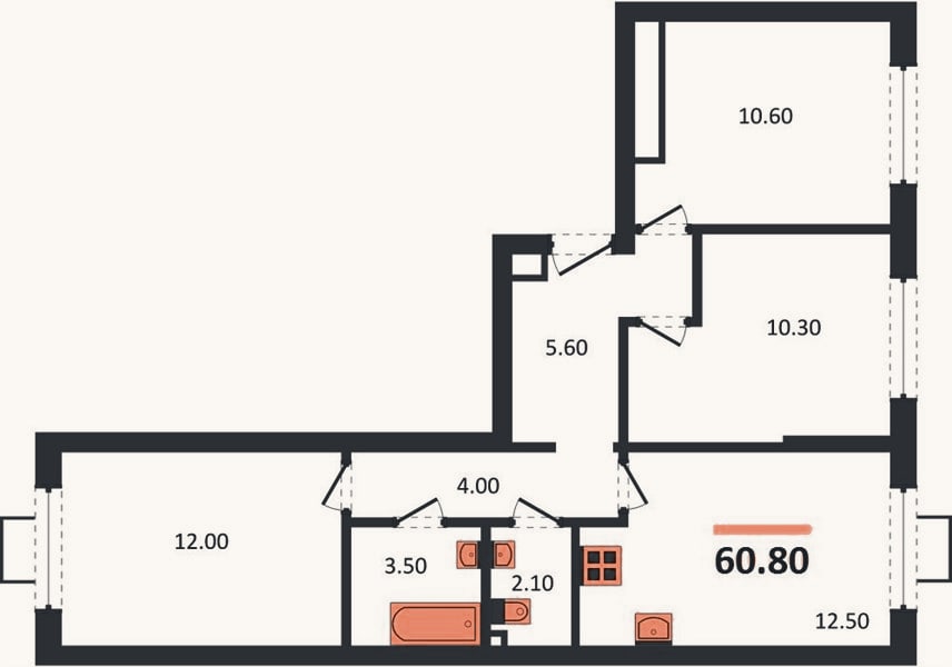 Планировка: 3-к, 60,8 м²
