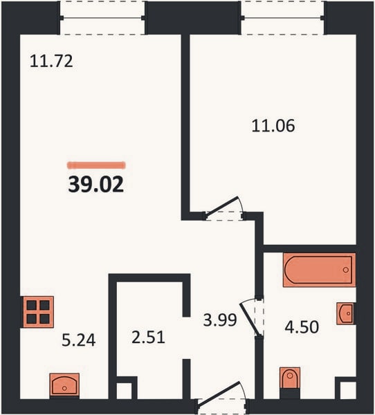 Планировка: 1-к, 39 м²