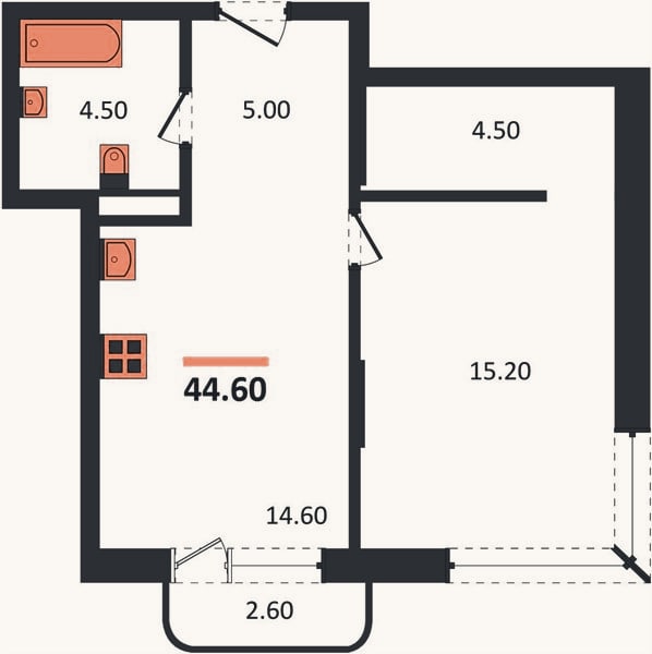 Планировка: 1-к, 44,6 м²