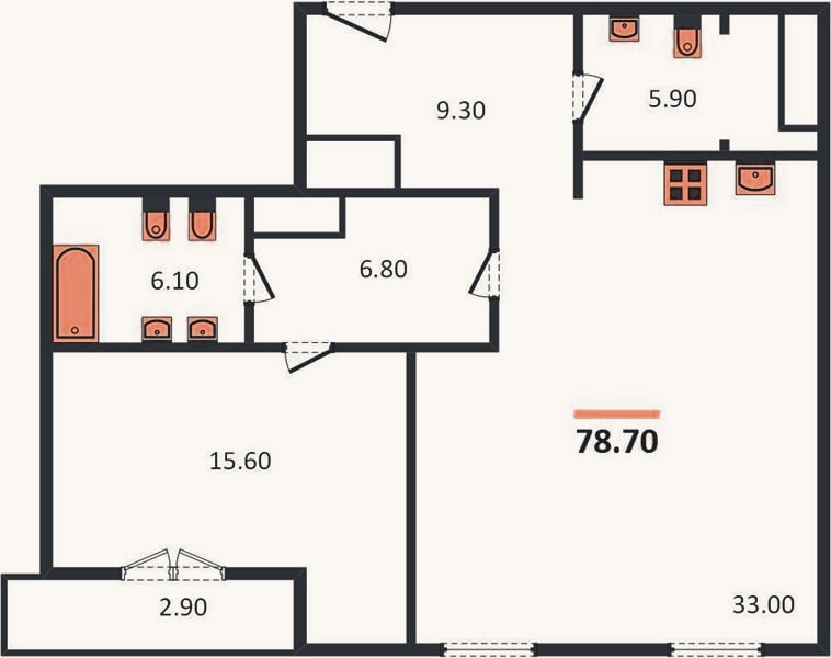 Планировка: 1-к, 78,7 м²