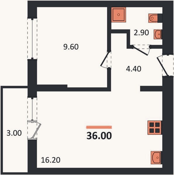 Планировка: 1-к, 36 м²