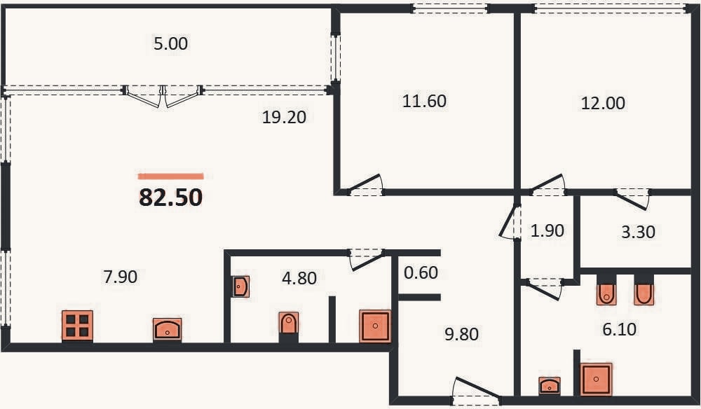 Планировка: 2-к, 82,5 м²