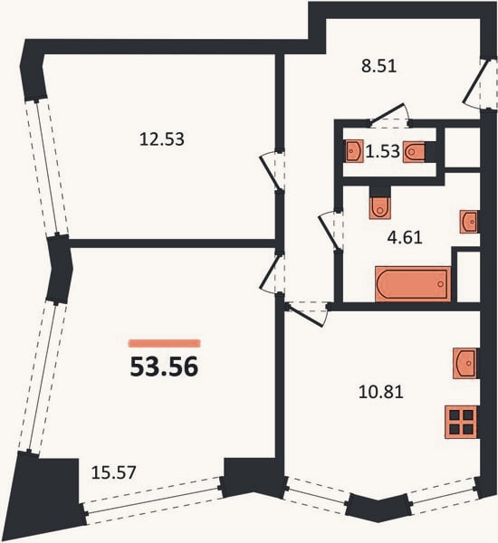 Планировка: 2-к, 53,6 м²