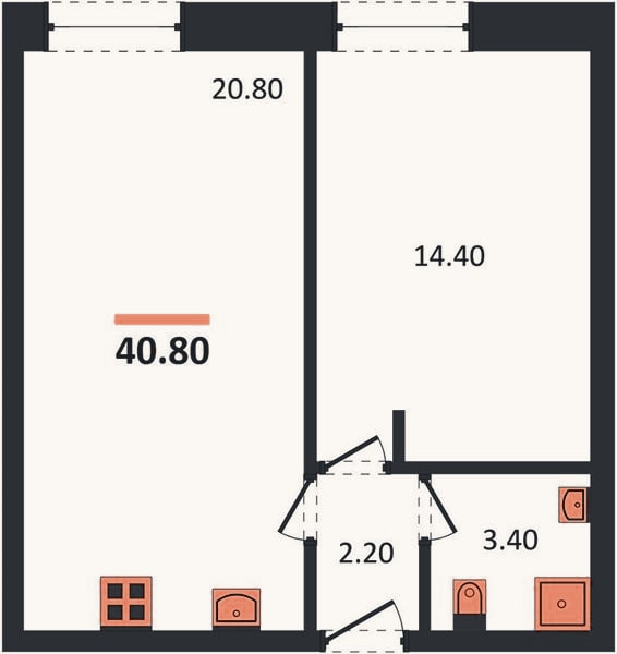 Планировка: 1-к, 40,8 м²