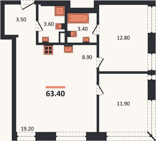 Планировка: 2-к, 63,4 м²