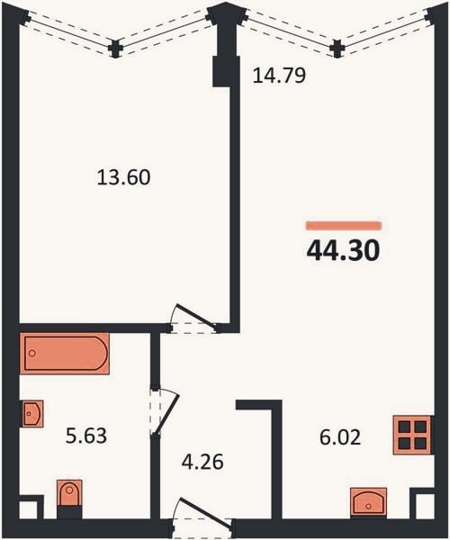 Планировка: 1-к, 44,3 м²