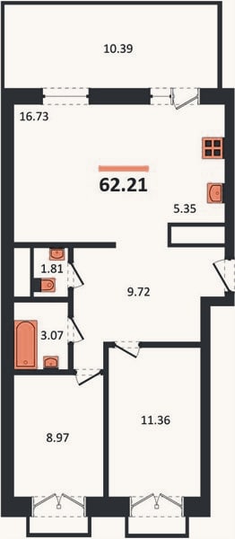 Планировка: 2-к, 62,2 м²