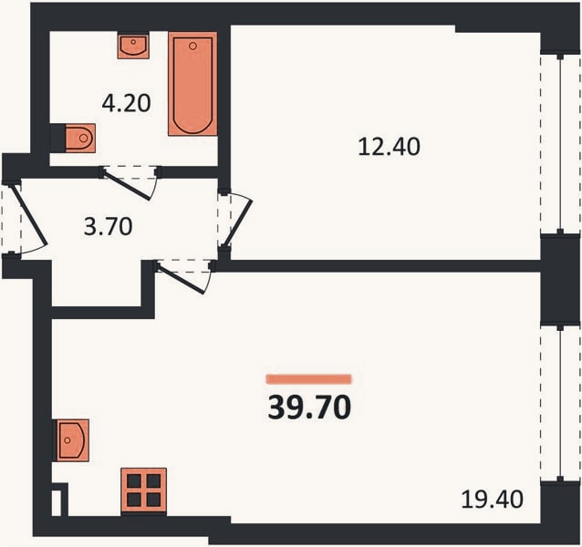 Планировка: 1-к, 39,7 м²