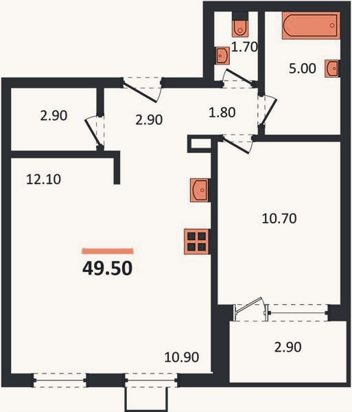 Планировка: 2-к, 49,5 м²
