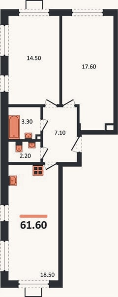 Планировка: 2-к, 61,4 м²