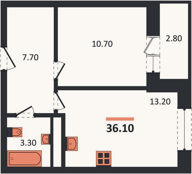 Планировка: 1-к, 36,1 м²