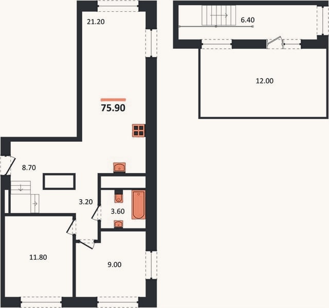 Планировка: 2-к, 75,9 м²