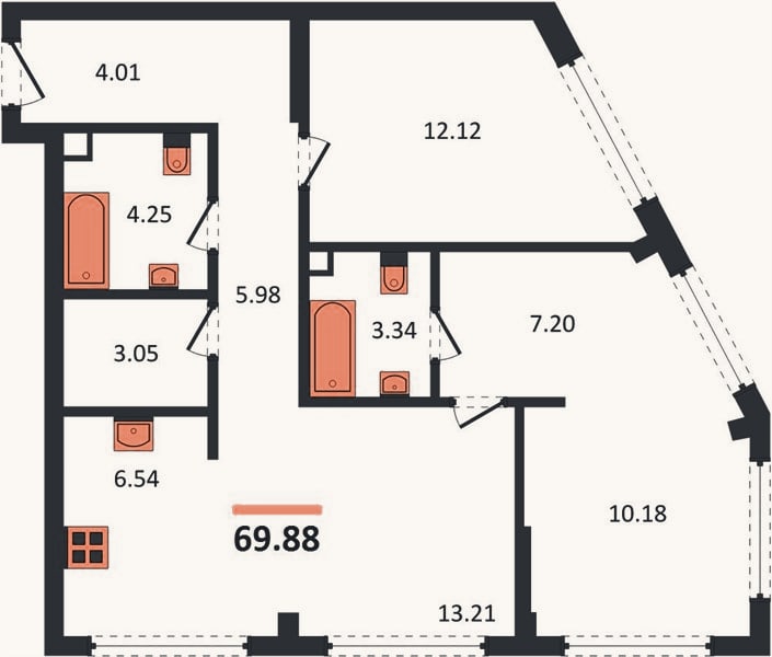 Планировка: 2-к, 69,9 м²
