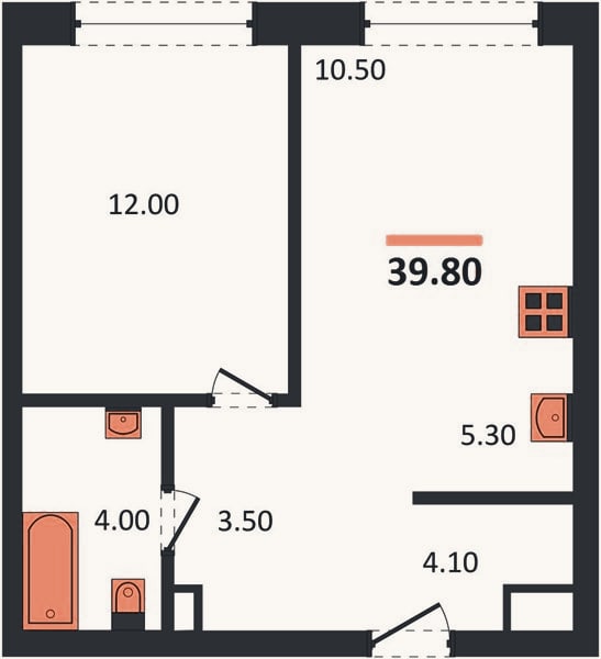 Планировка: 1-к, 39,8 м²