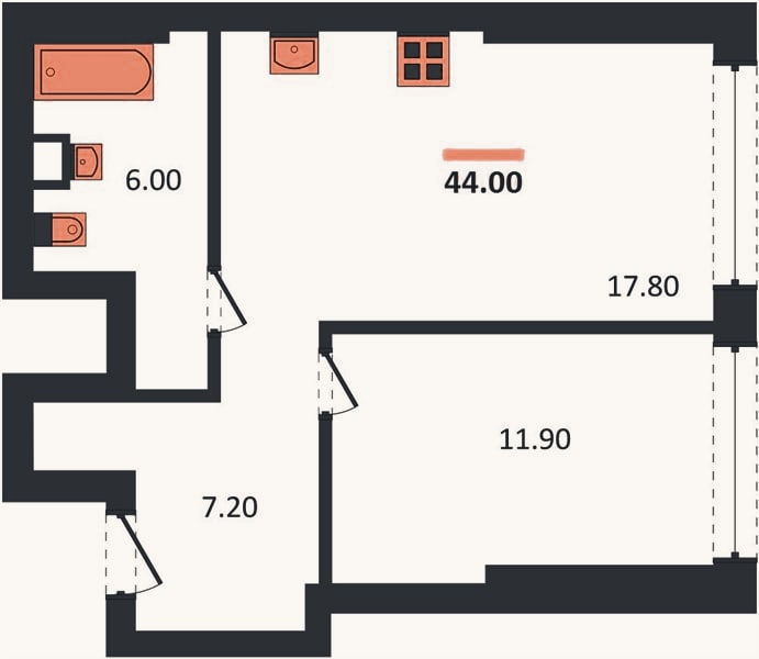 Планировка: 1-к, 44 м²
