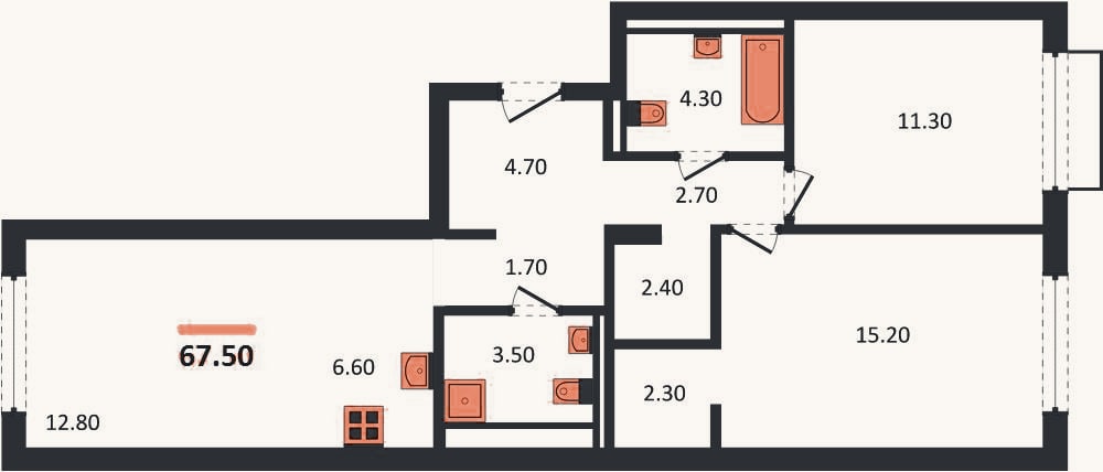 Планировка: 2-к, 67,5 м²
