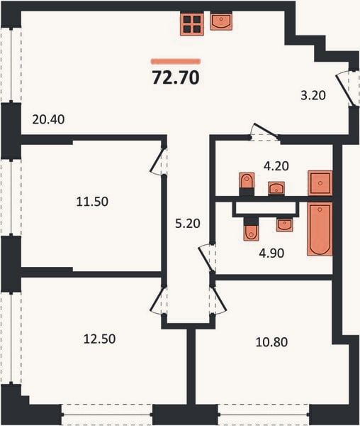 Планировка: 3-к, 72,7 м²