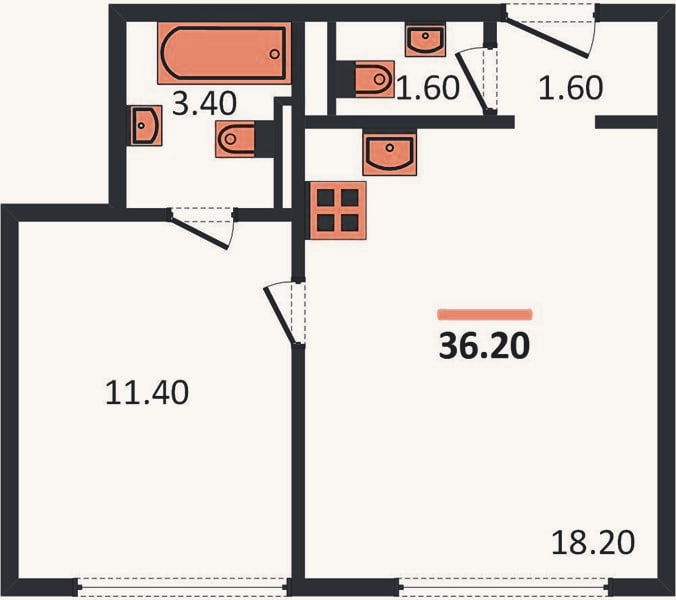 Планировка: 1-к, 36,4 м²