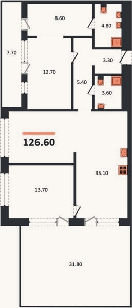 Планировка: 2-к, 126,6 м²