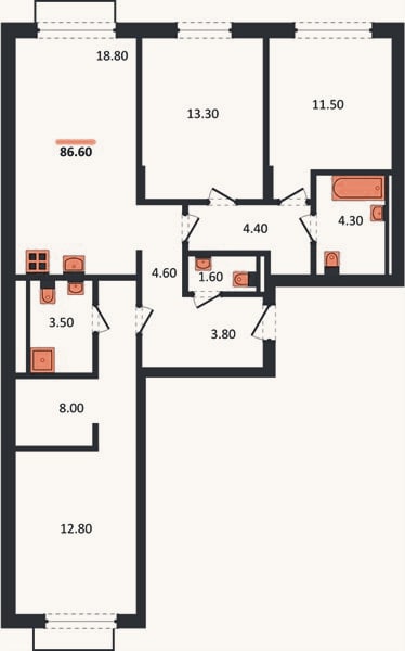 Планировка: 3-к, 86,6 м²