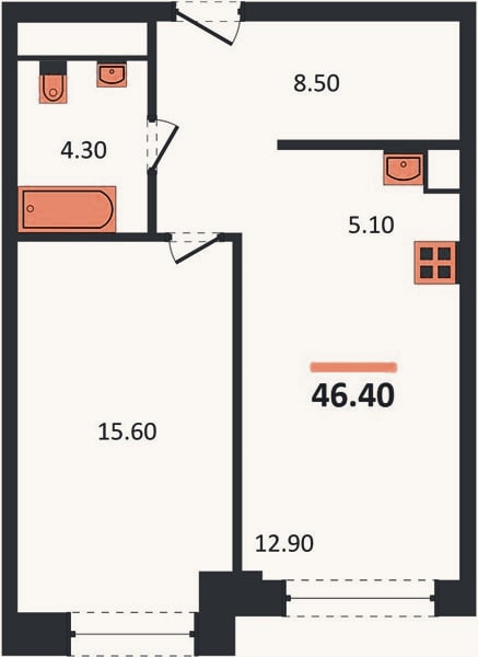 Планировка: 1-к, 46,4 м²