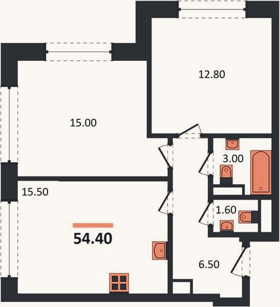 Планировка: 2-к, 54,4 м²
