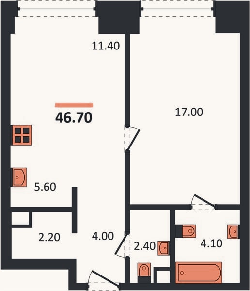 Планировка: 1-к, 46,7 м²