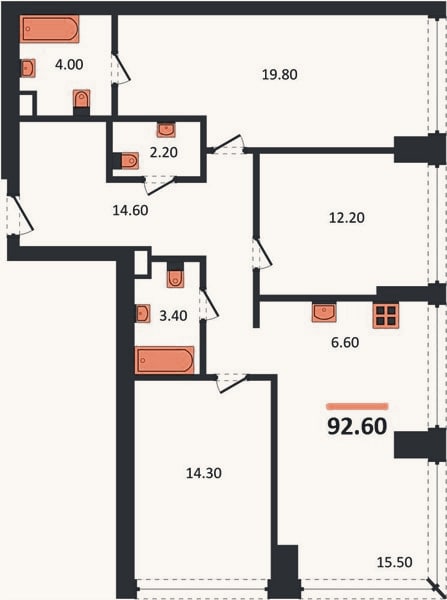 Планировка: 3-к, 92,6 м²