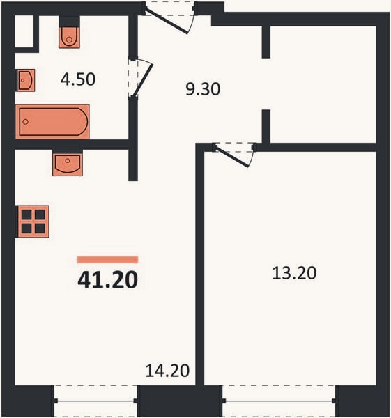 Планировка: 1-к, 41,2 м²