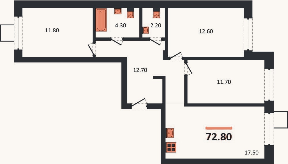Планировка: 3-к, 72,8 м²