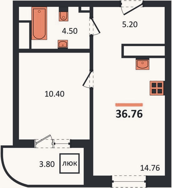 Планировка: 1-к, 36,8 м²
