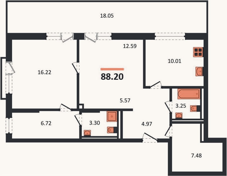 Планировка: 2-к, 88,2 м²