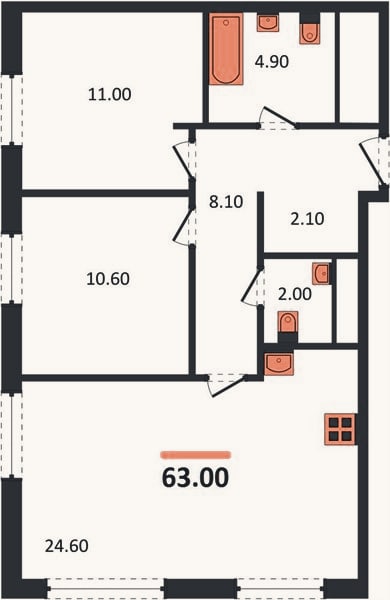Планировка: 2-к, 64 м²