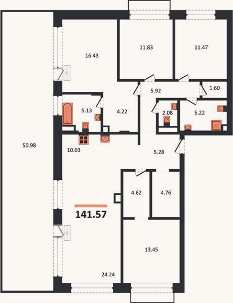 Планировка: 4+ к, 141,6 м²