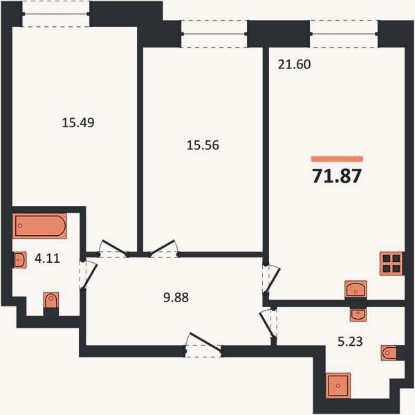 Планировка: 2-к, 71,9 м²