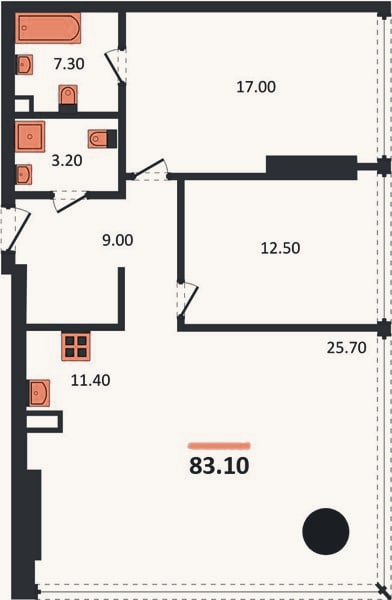 Планировка: 2-к, 83,1 м²