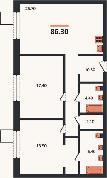 Планировка: 2-к, 86,3 м²