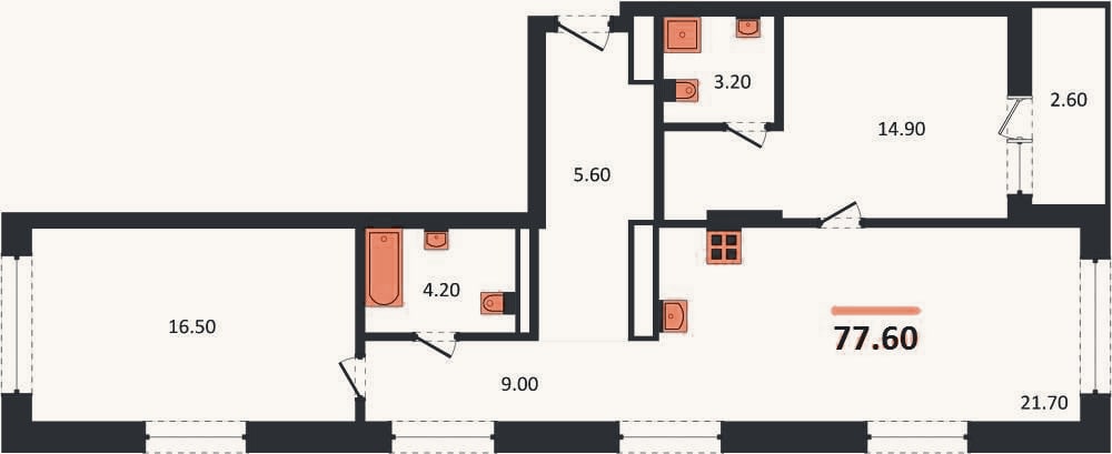 Планировка: 2-к, 77,6 м²
