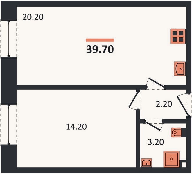 Планировка: 1-к, 39,7 м²