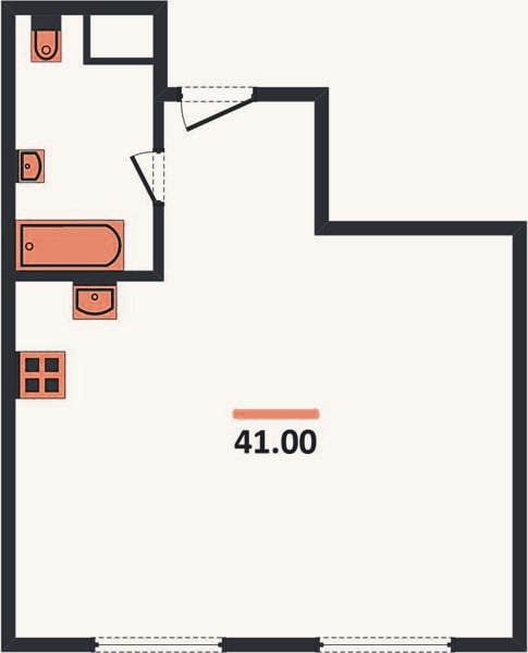 Планировка: 1-к, 41 м²