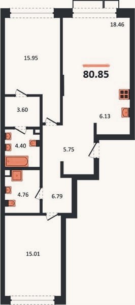 Планировка: 2-к, 80,9 м²