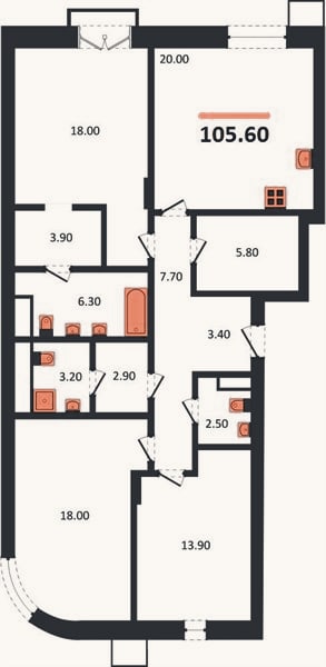 Планировка: 3-к, 105,6 м²