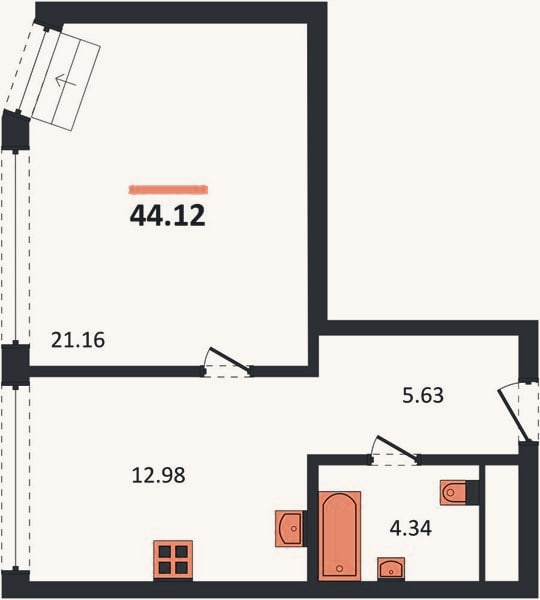 Планировка: 1-к, 44,1 м²