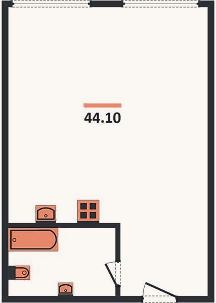 Планировка: 1-к, 44,1 м²