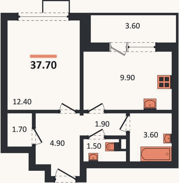 Планировка: 1-к, 37,7 м²