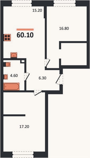 Планировка: 2-к, 60,1 м²